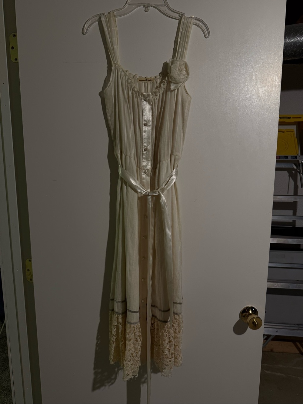 Cream Lace-Trim Button Front Midi Dress